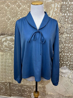 Vintage 70s St Michael Blue Sailor Collar Keyhole Tie Neck Blouse L